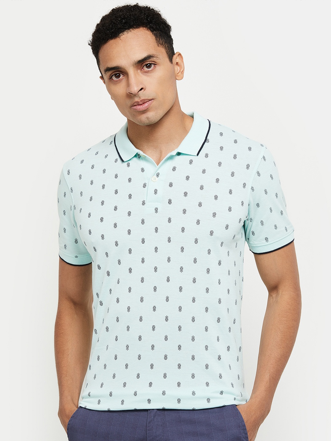 

max Men Sea Green Printed Polo Collar T-shirt