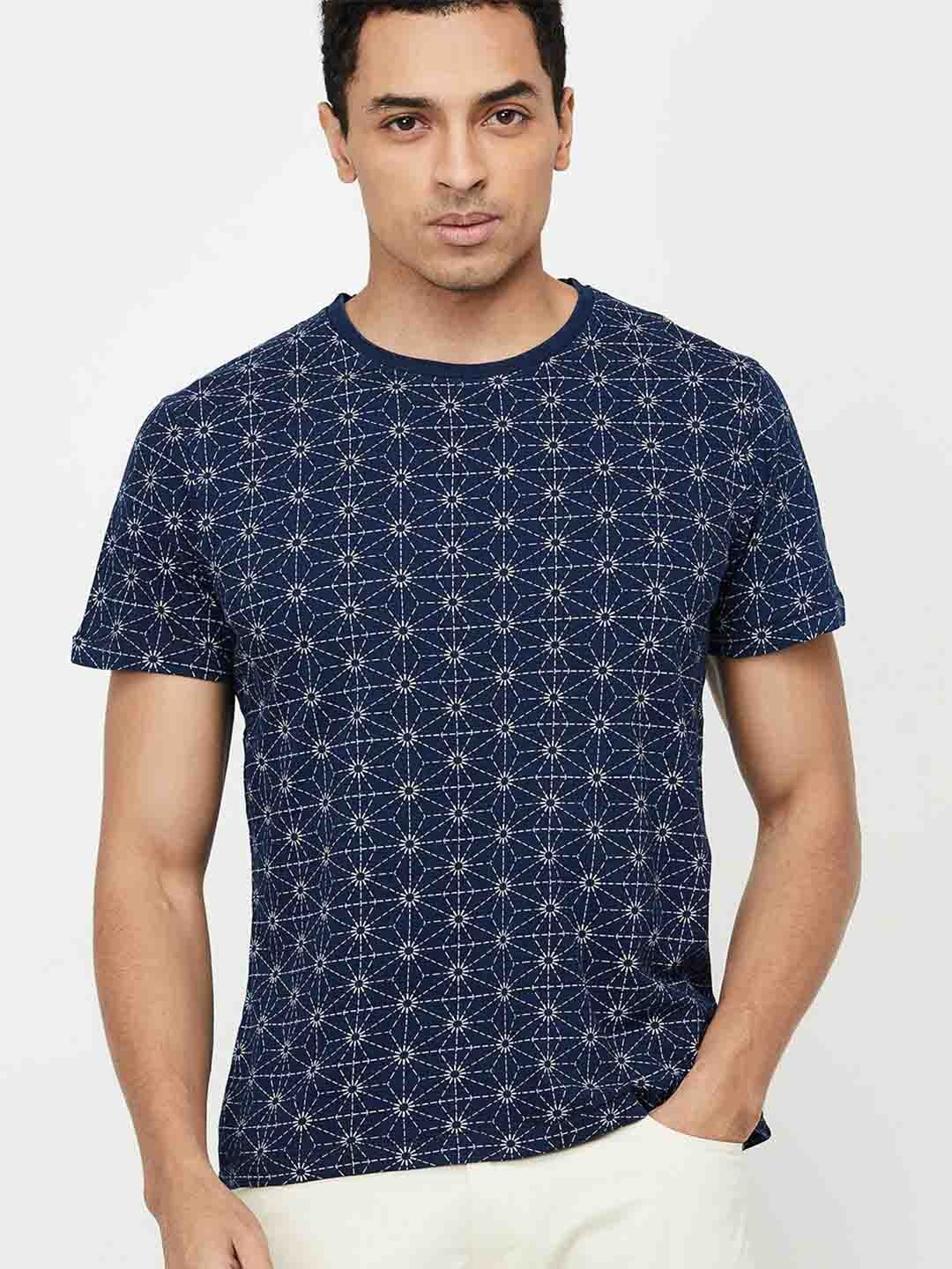 

max Men Blue Printed Pure Cotton T-shirt