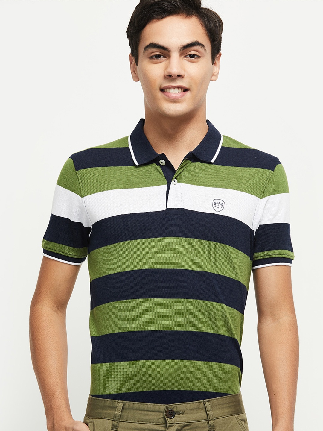 

max Men Green & Black Striped Polo Collar T-shirt