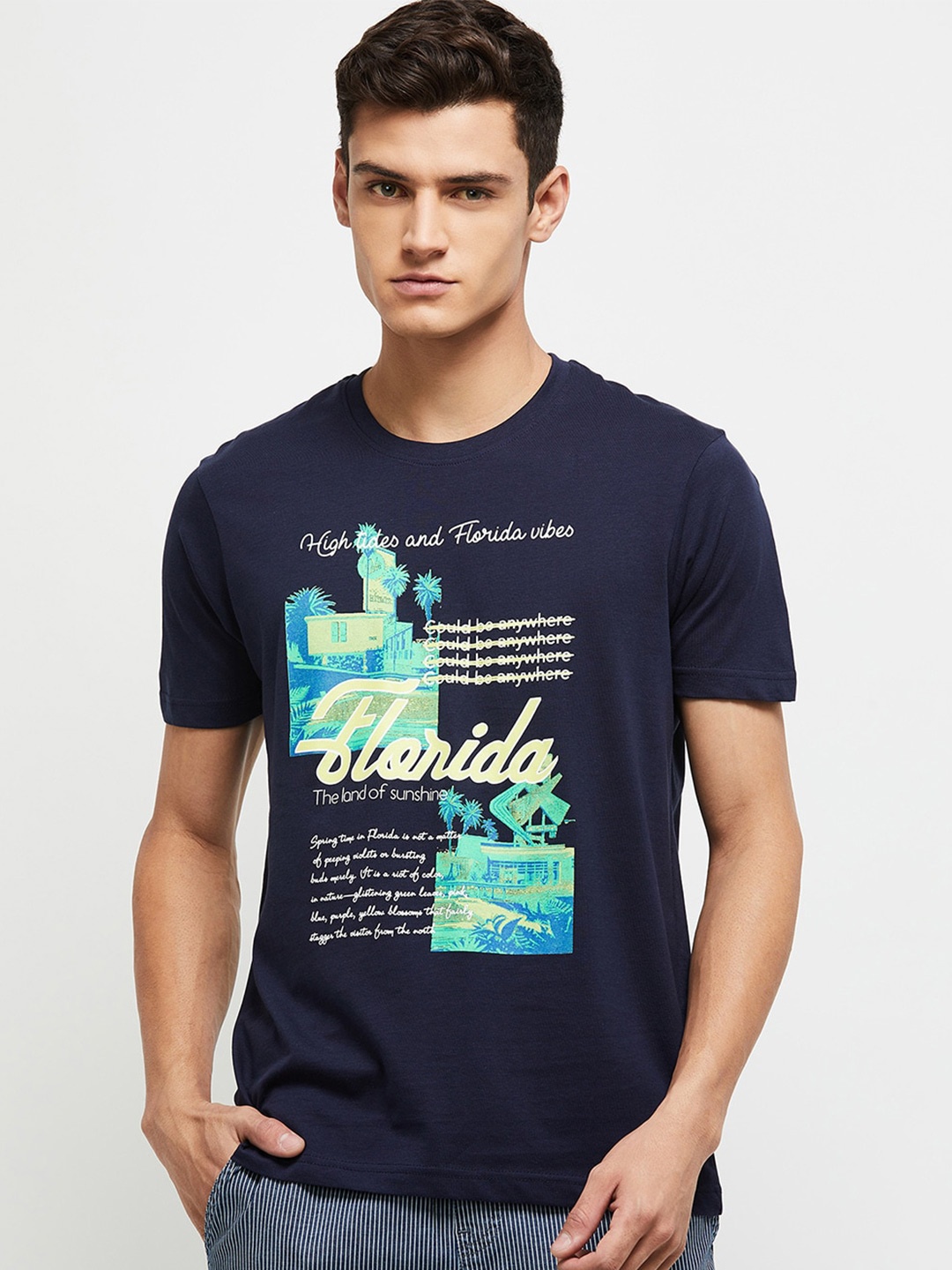 

max Men Navy Blue Typography Printed Pure Cotton T-shirt