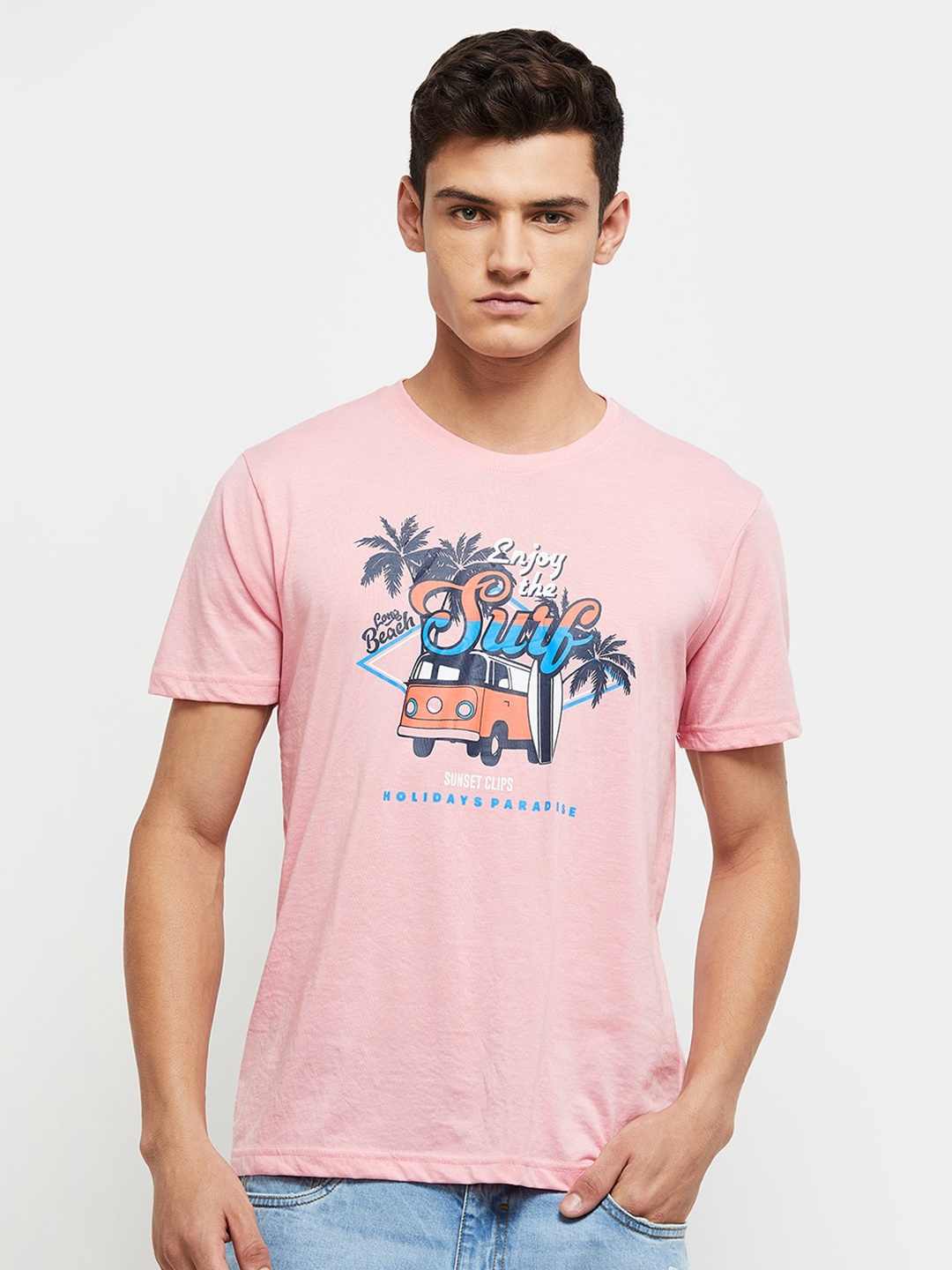 

max Men Pink Typography Printed Pure Cotton T-shirt