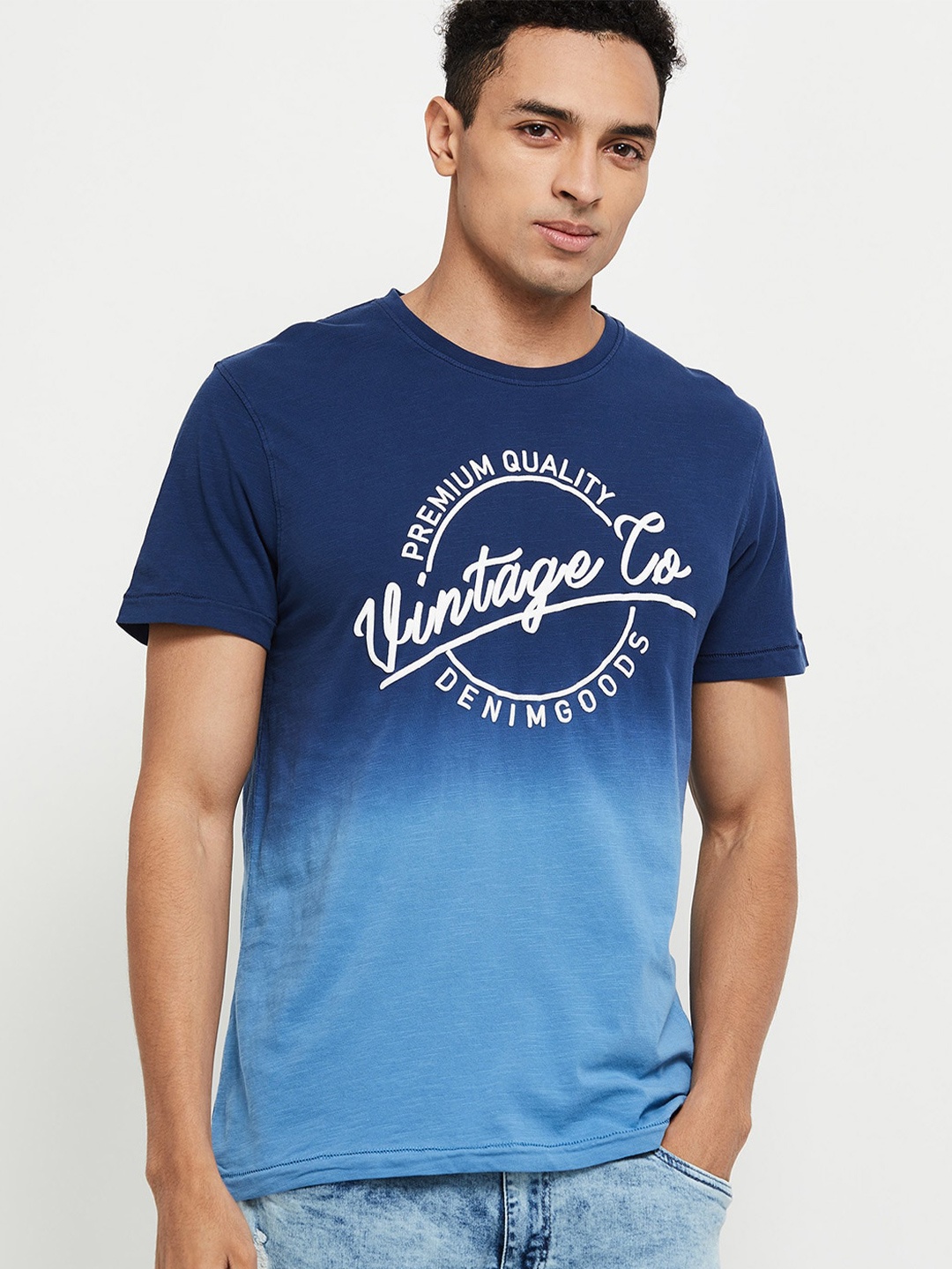 

max Men Blue Typography Printed Cotton T-shirt