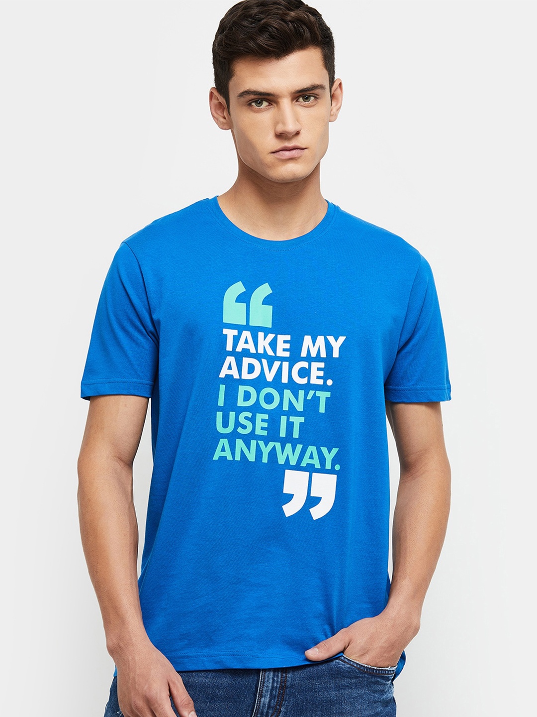 max Men Blue Typography Printed Pure Cotton T-shirt