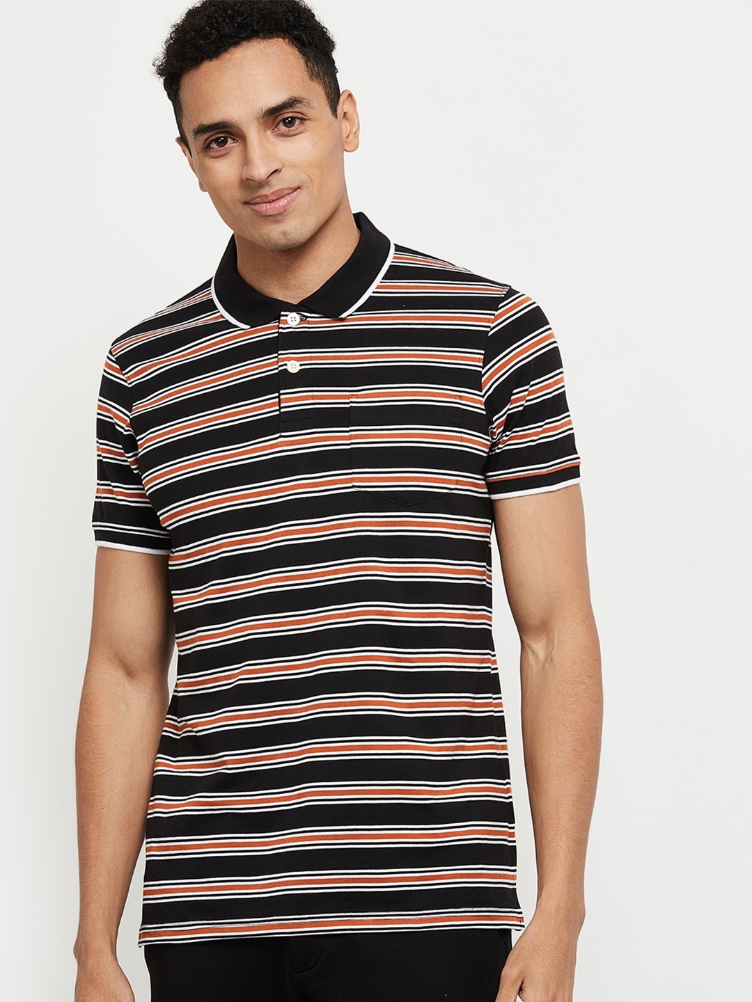 

max Men Black and Brown Striped Polo Collar T-shirt
