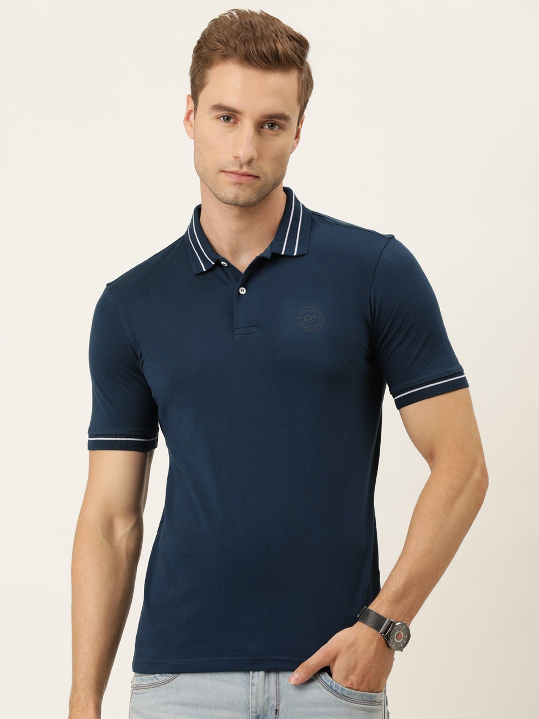 

Peter England Men Navy Blue Solid Polo Collar T-shirt