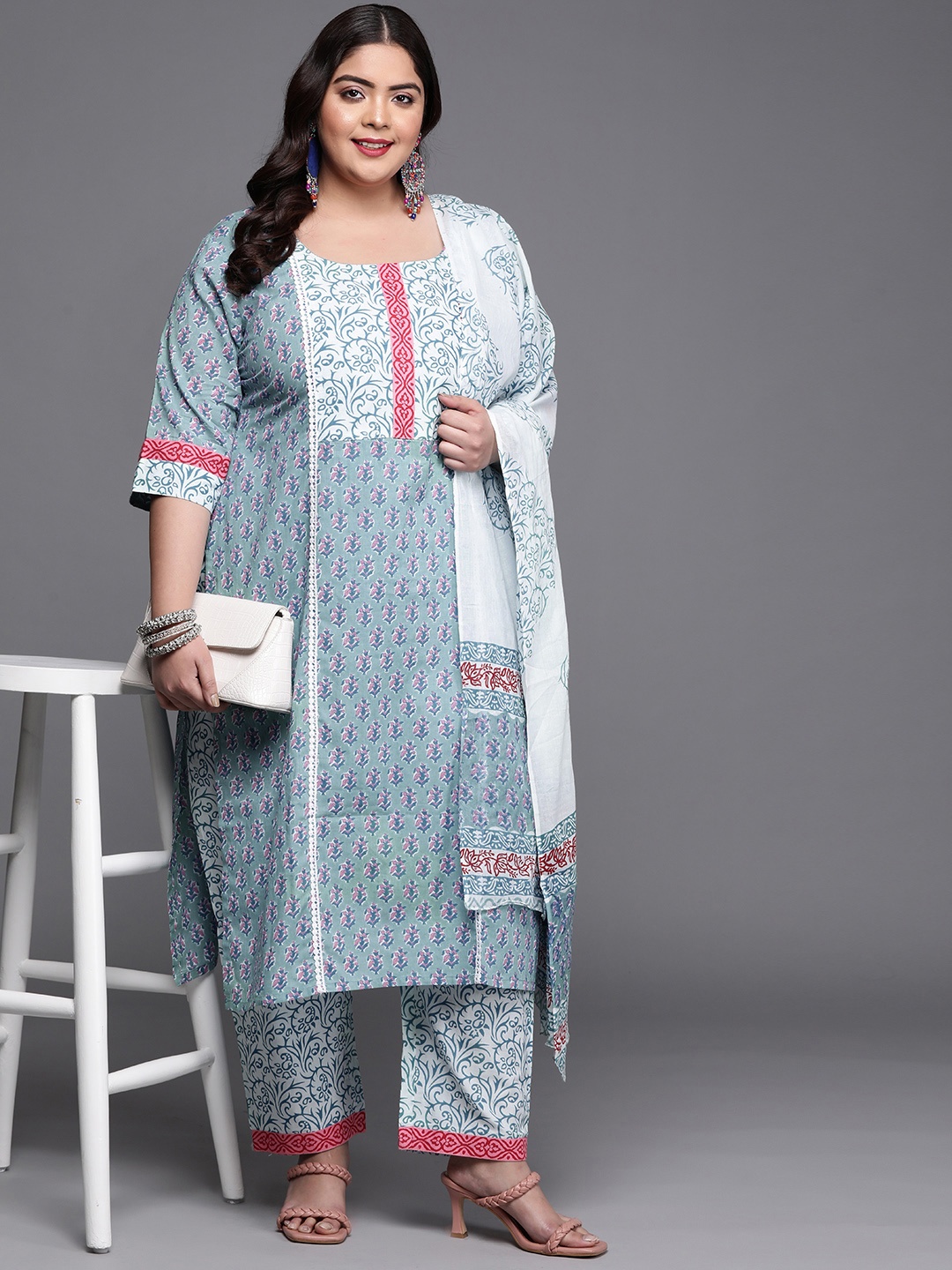 

EXTRA LOVE BY LIBAS Women Blue Cotton Kurta with Trousers & Dupatta