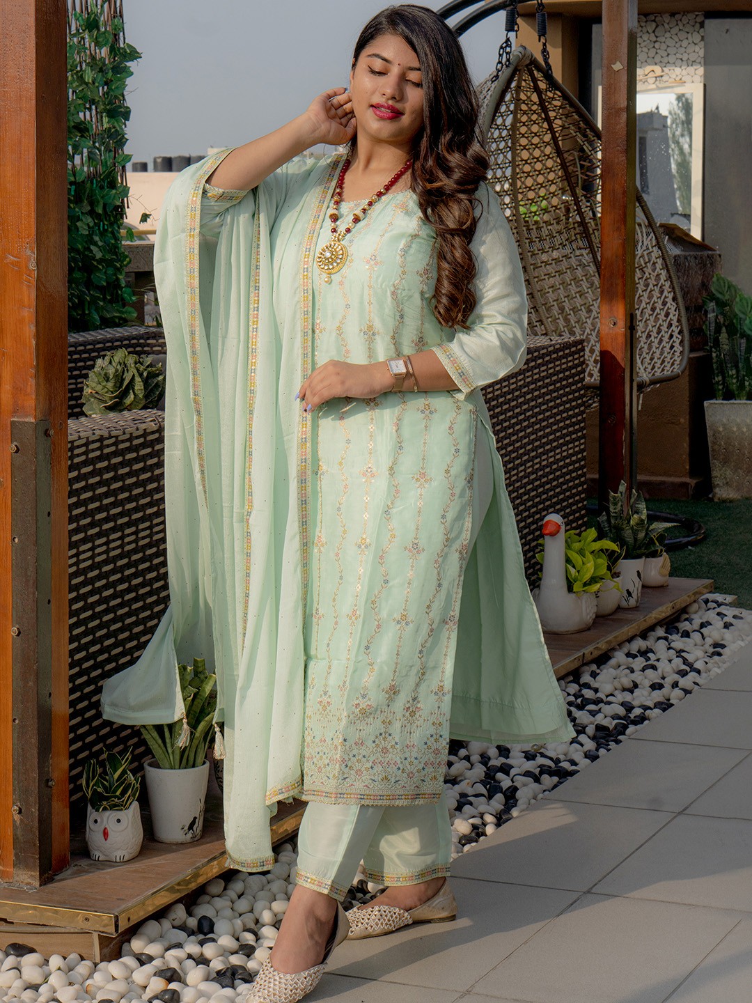 

EXTRA LOVE BY LIBAS Women Sea Green Kurta with Trousers & With Dupatta