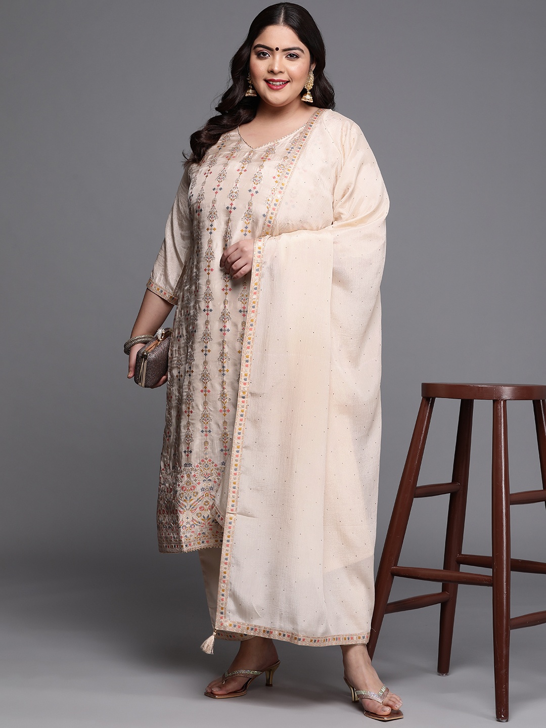 

EXTRA LOVE BY LIBAS Women Beige Plus Size Kurta with Trousers & With Dupatta