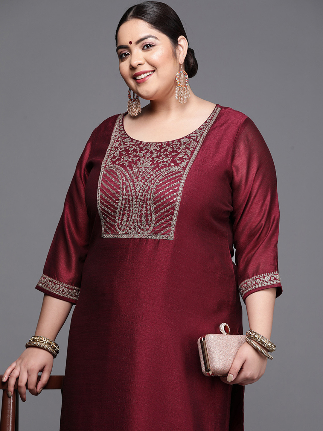 

EXTRA LOVE BY LIBAS Women Plus Size Burgundy & Silver Yoke Design Kurta