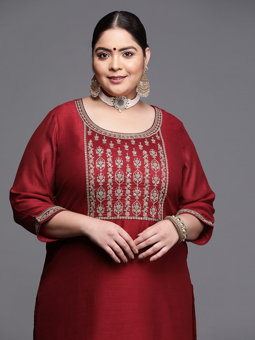 

EXTRA LOVE BY LIBAS Women Maroon Yoke Design Floral Plus Size Kurta