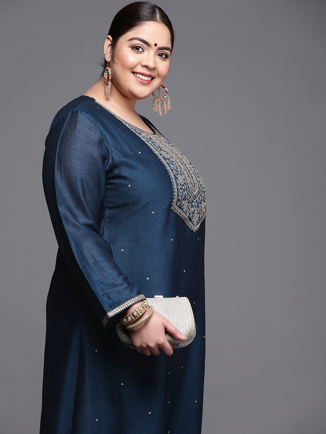

EXTRA LOVE BY LIBAS Women Plus Size Blue & Golden Yoke Design Sequin Work Kurta