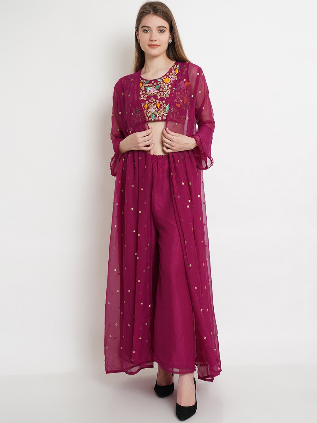 

Purple State Women Burgundy Floral Embroidered Thread Work Top with Palazzos & Shrug