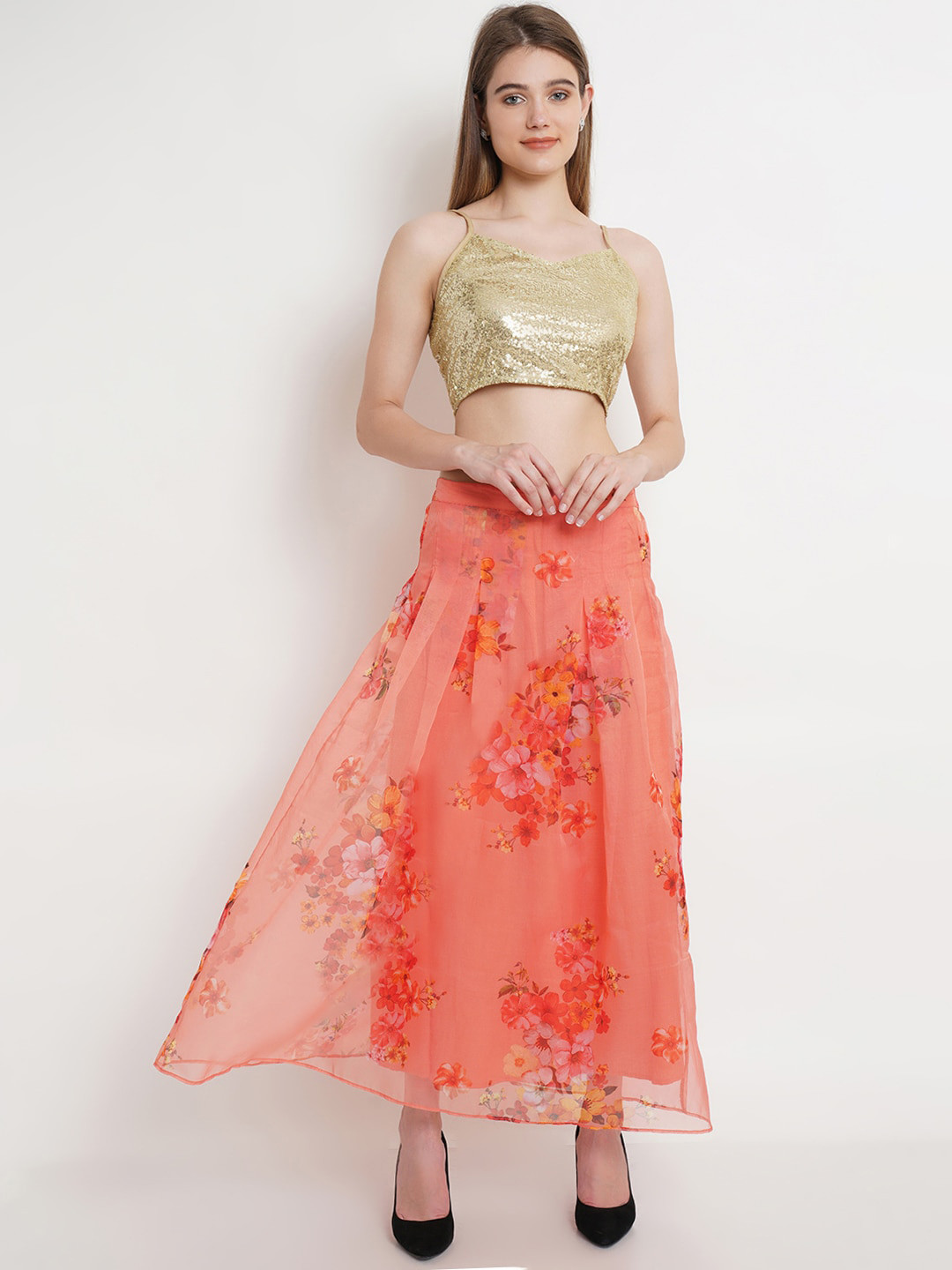 

Purple State Women Gold-Toned Embroidered Sequinned Top With Skirt