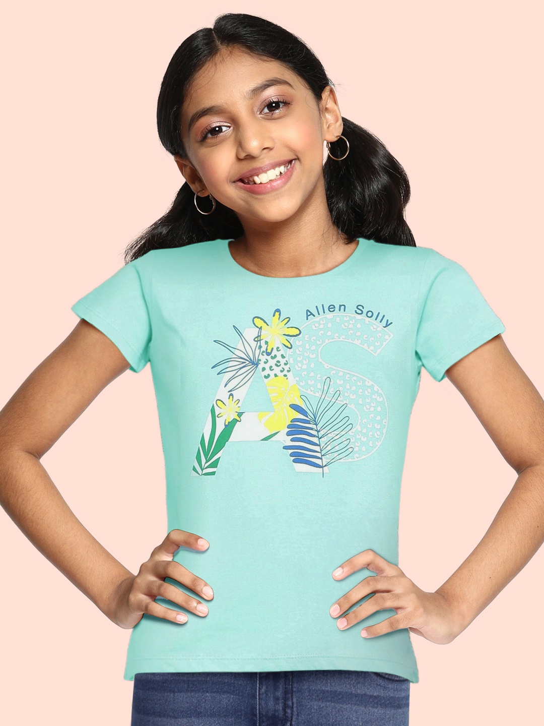 

Allen Solly Junior Girls Blue Brand Logo Printed Pure Cotton T-shirt