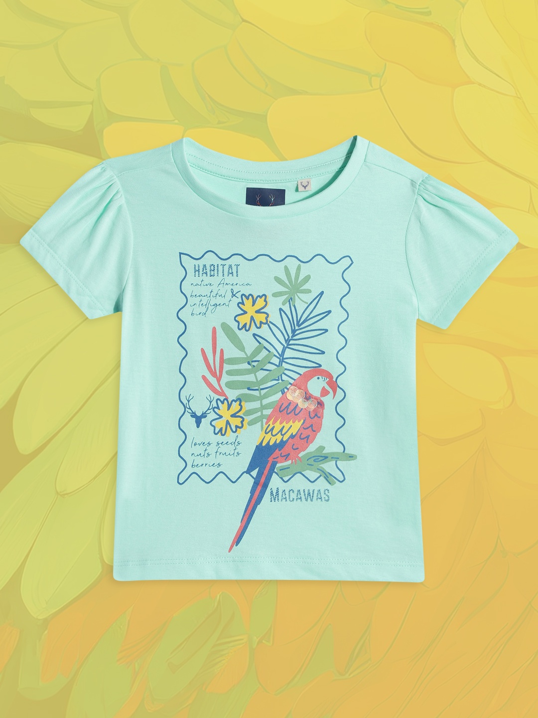 

Allen Solly Junior Girls Turquoise Blue Printed Tropical Pure Cotton T-shirt