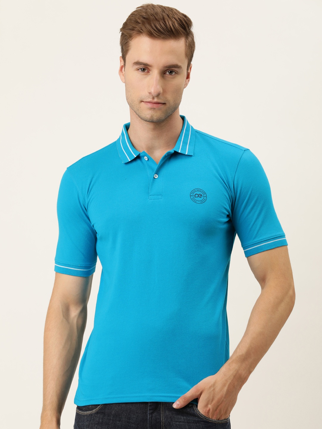 

Peter England Men Blue Solid Polo Collar T-shirt