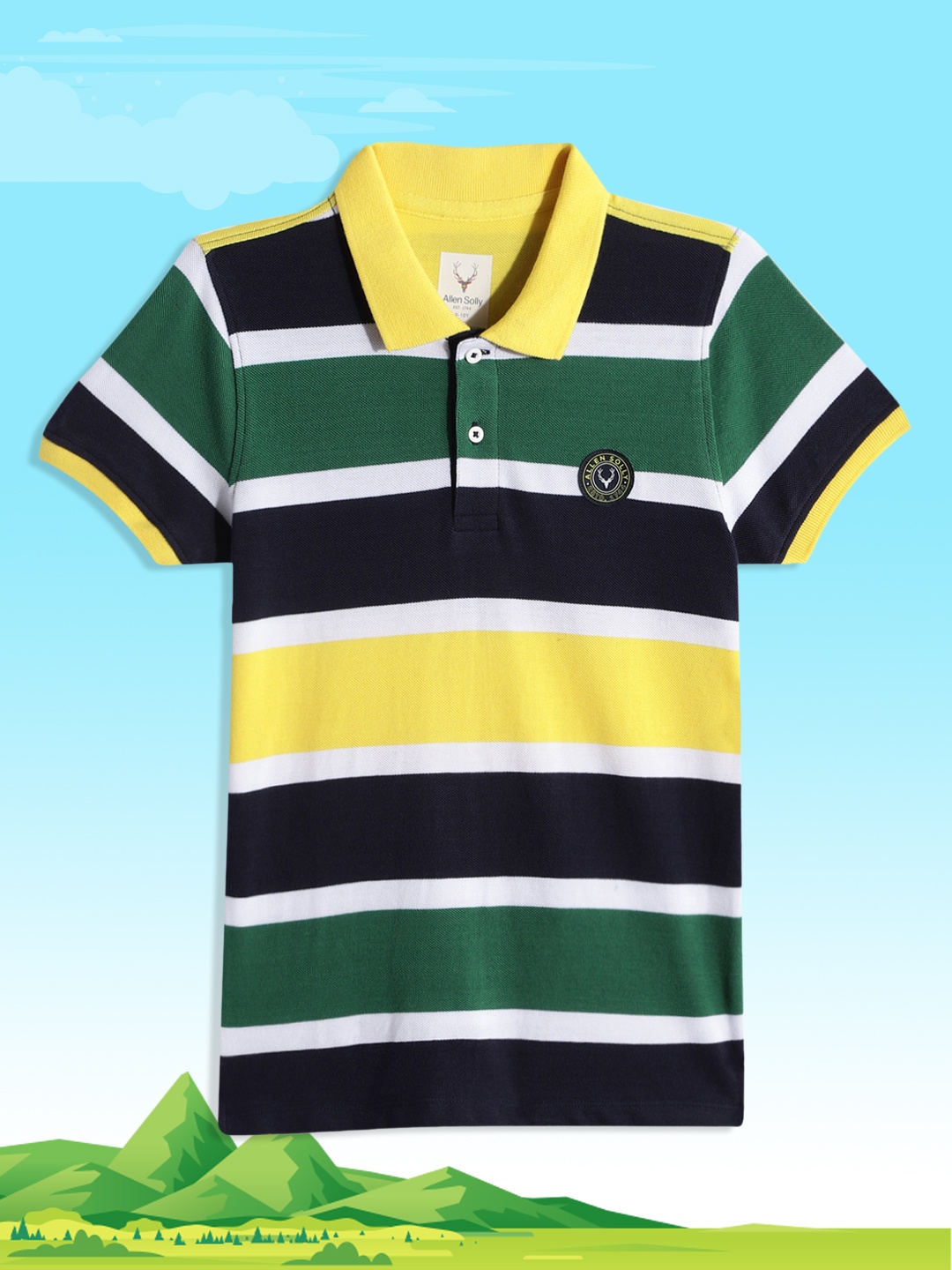 

Allen Solly Junior Boys Blue & Green Striped Polo Collar Pure Cotton T-shirt