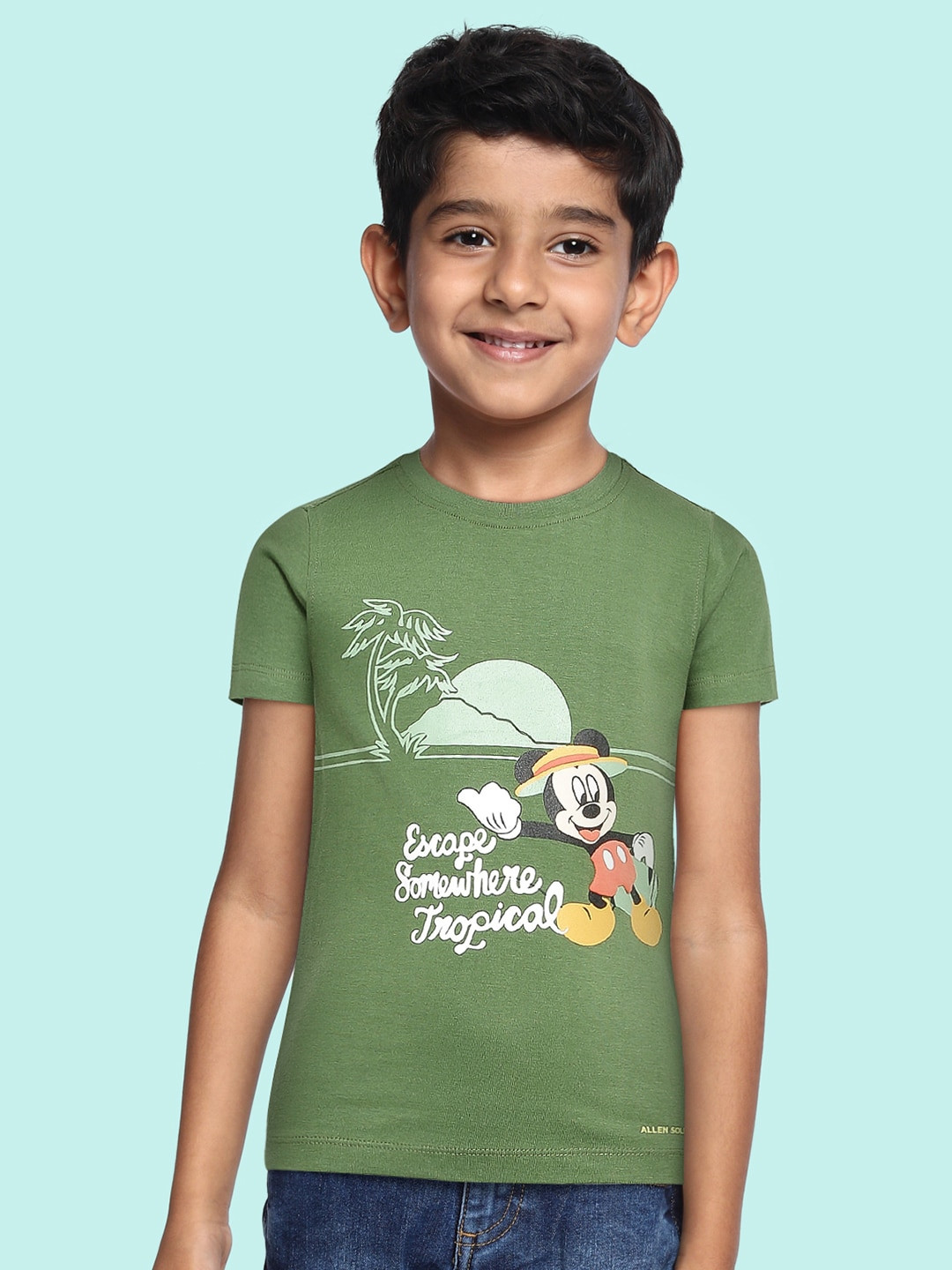 

Allen Solly Junior Boys Olive Green Mickey Mouse Printed Pure Cotton T-shirt