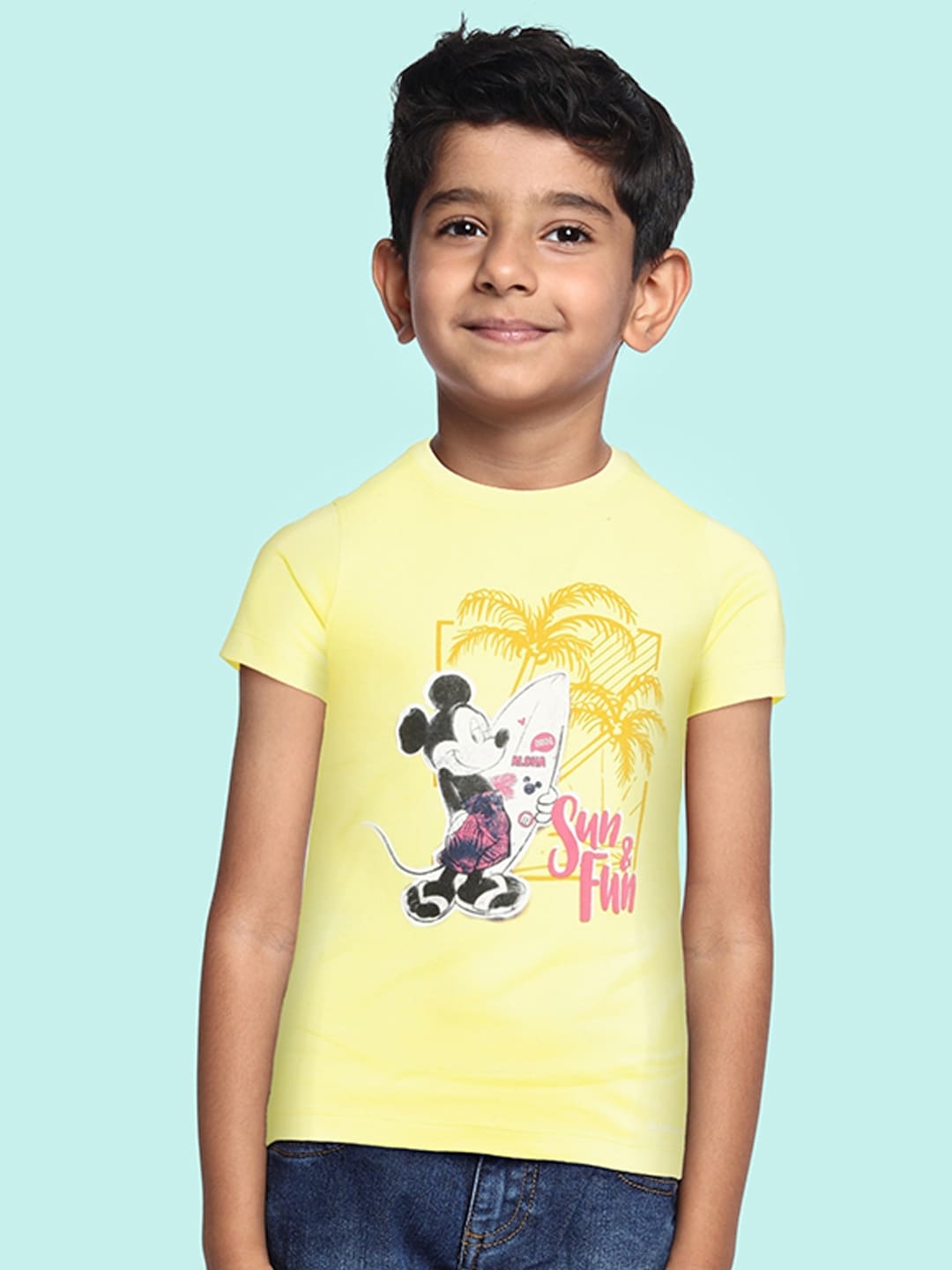 

Allen Solly Junior Boys Yellow Mickey Mouse Printed Pure Cotton T-shirt