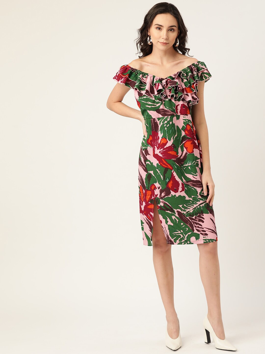 

DODO & MOA Pink & Green Tropical Off-Shoulder Sheath Dress