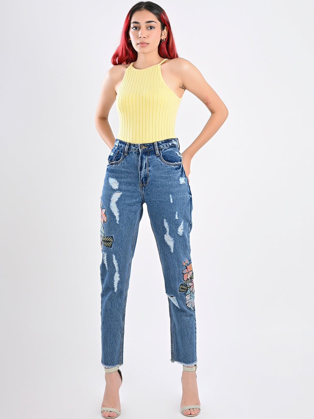 

FREAKINS Women Stunning Blue High-Rise Mom Fit Mild Distressed Jeans