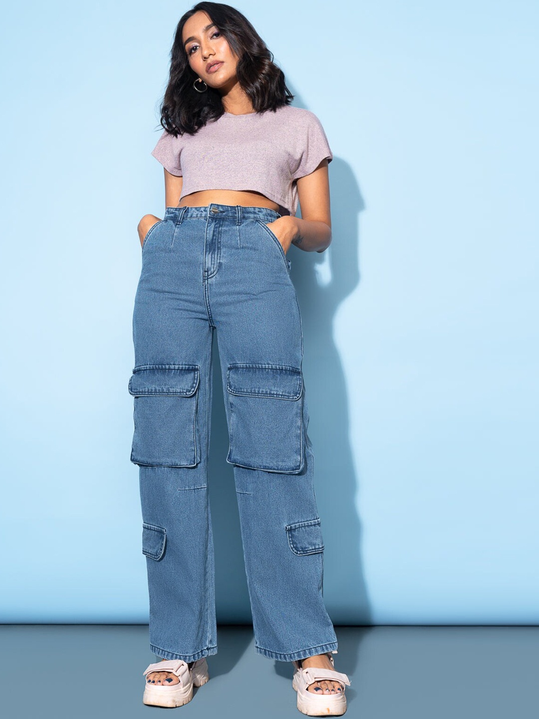 

FREAKINS Women Blue Straight Fit High-Rise Cargo Jeans