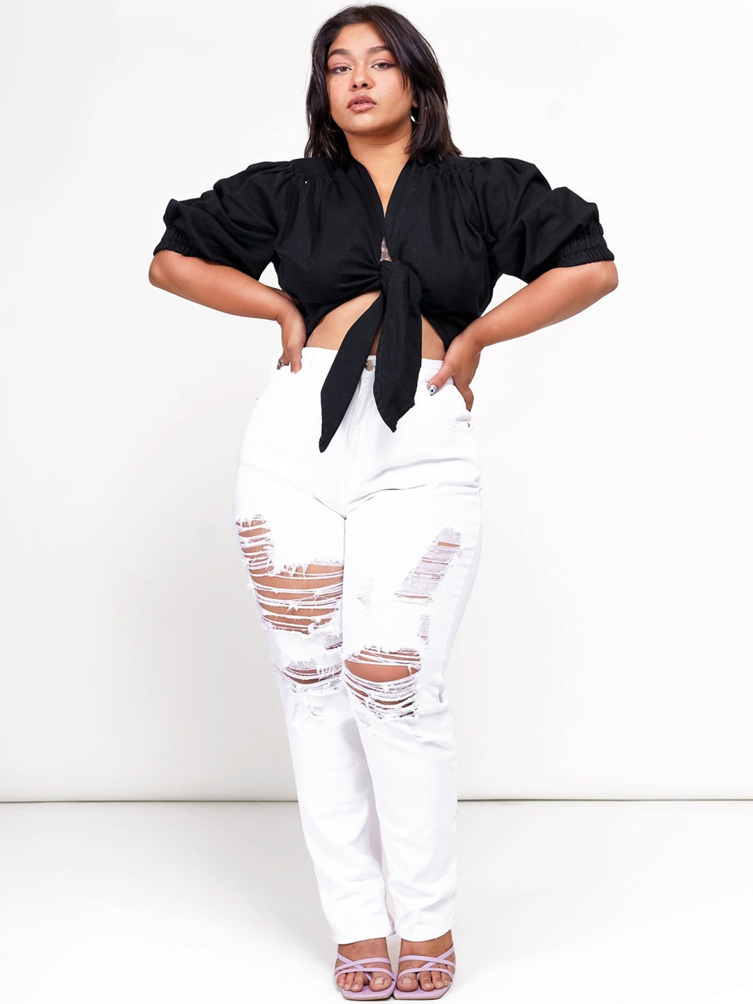

FREAKINS Women White High-Rise Highly Distressed Jeans