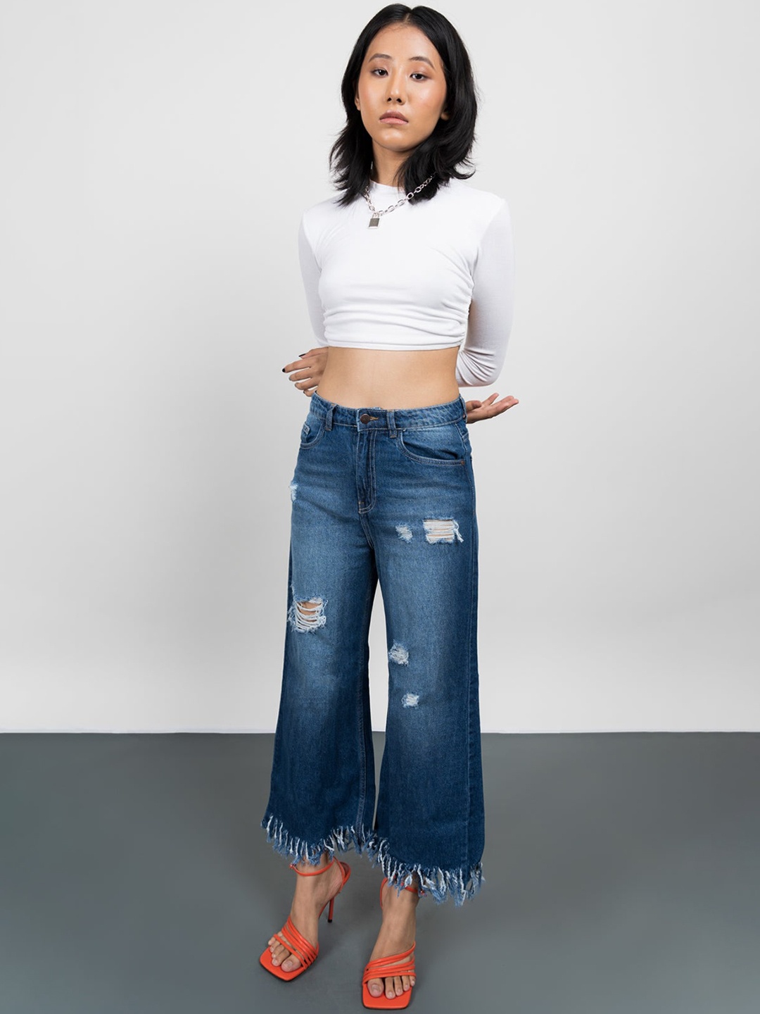 

FREAKINS Women Blue High-Rise Mildly Distressed Flared Cropped Jeans