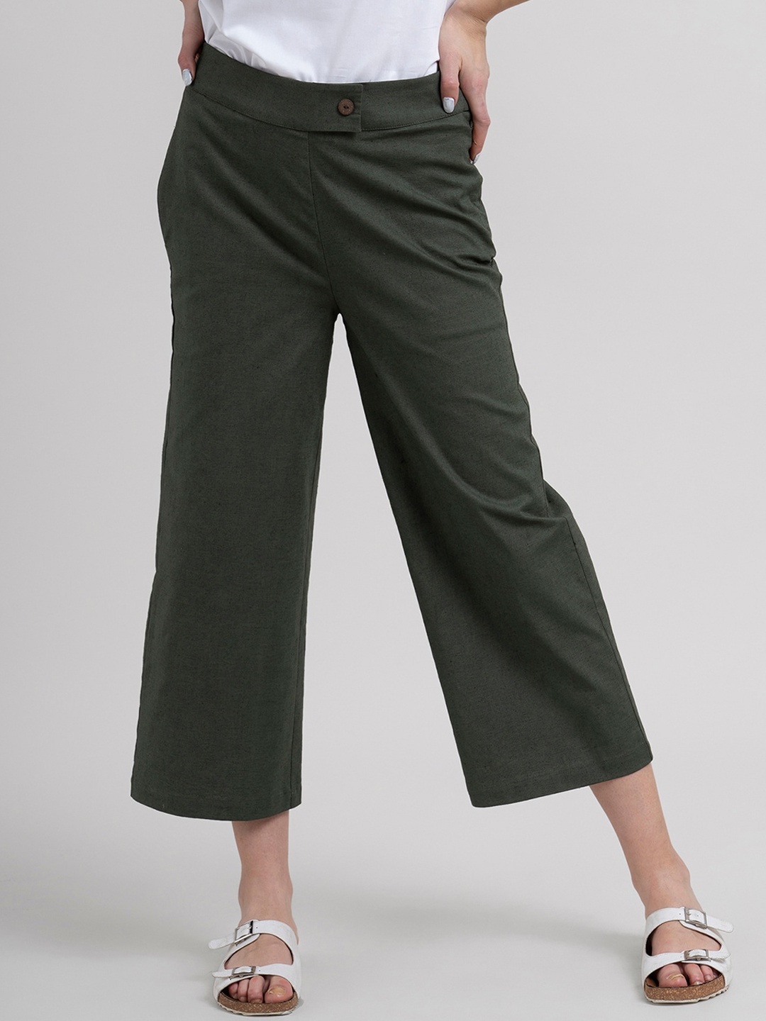 

FableStreet Women Olive Green Comfort Flared Culottes Trousers