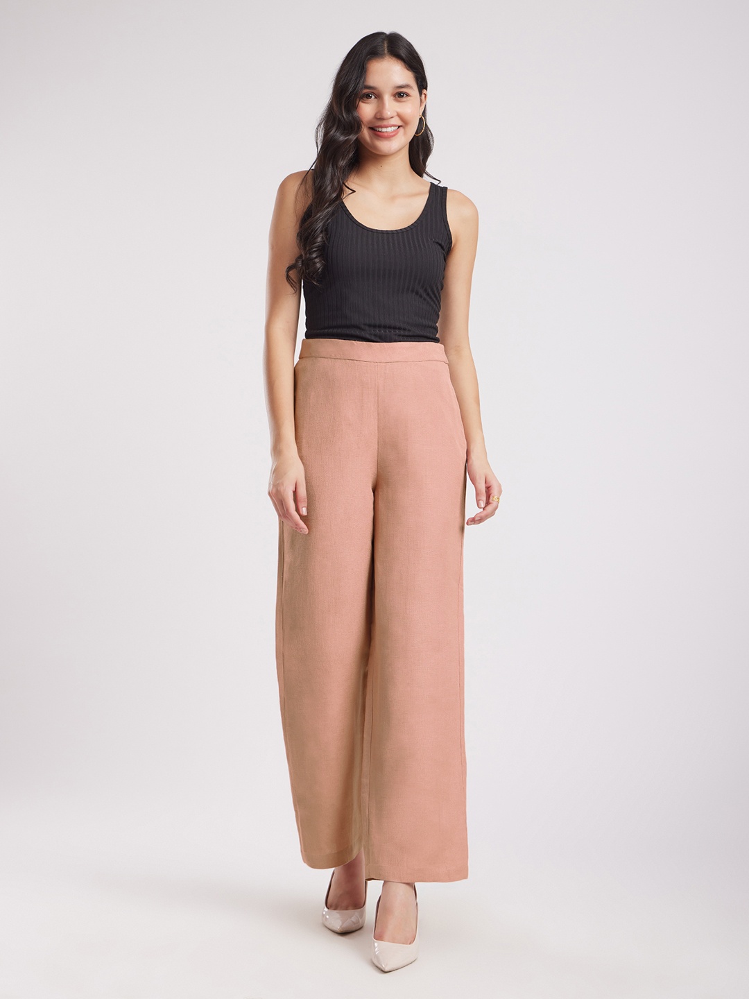 

FableStreet Women Pink Solid Comfort Wide Leg Trousers