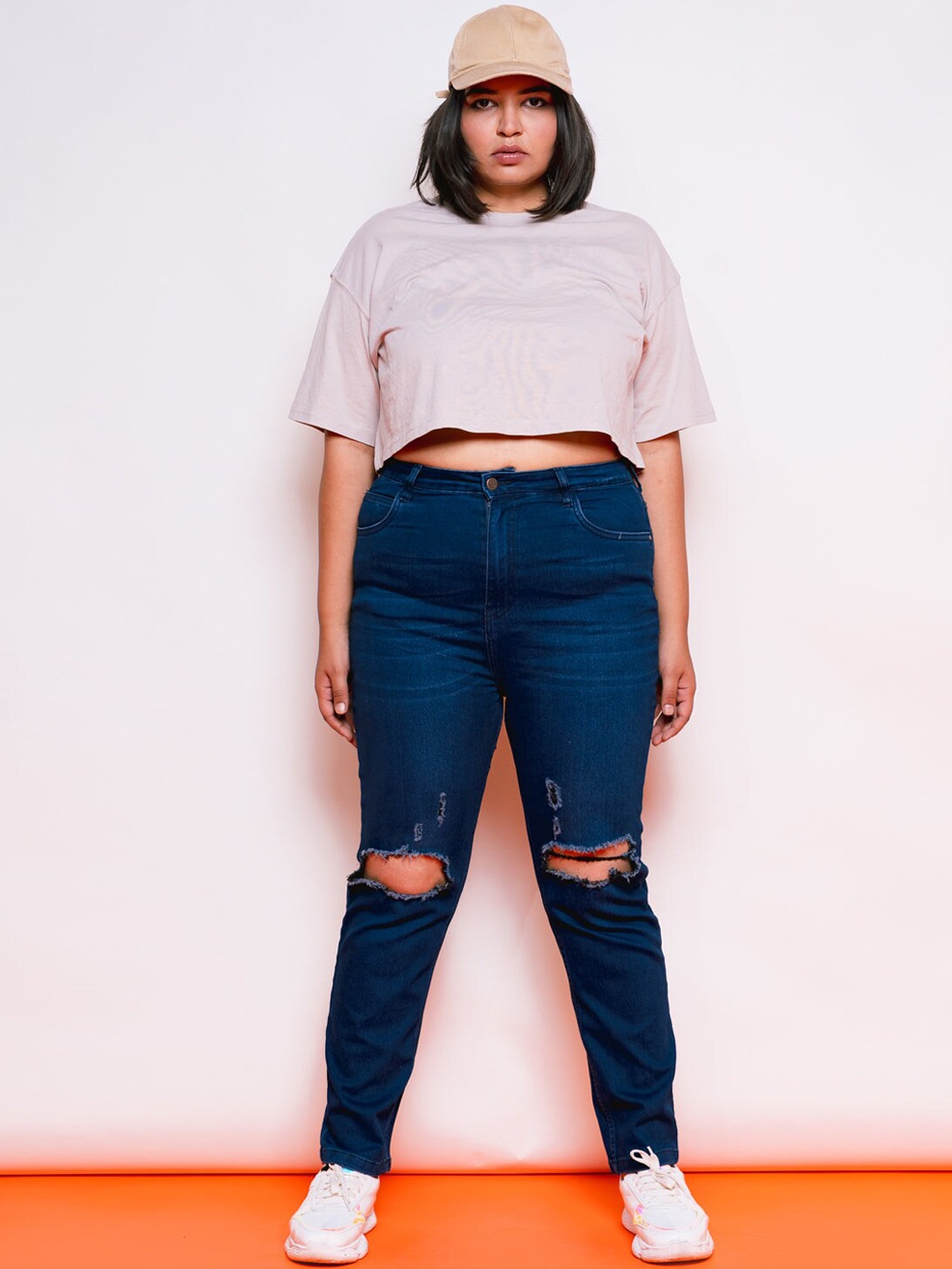 

FREAKINS Women Blue Mom Fit High-Rise Slash Knee Cropped Jeans