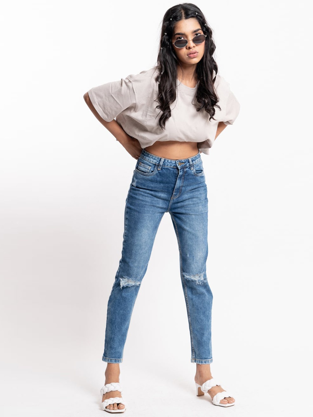 

FREAKINS Women Blue High-Rise Mom Fit Cropped Jeans