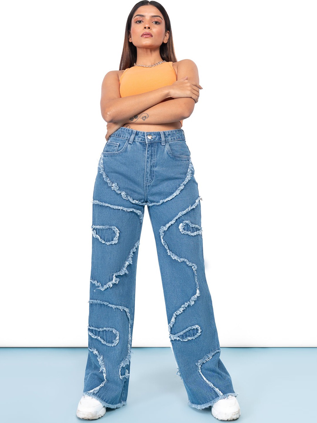 

FREAKINS Women Blue Frayed High-Rise Straight Fit Cropped Jeans