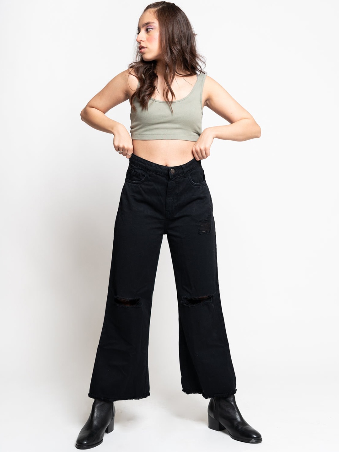 

FREAKINS Women Black Wide Leg High-Rise Cotton Jeans