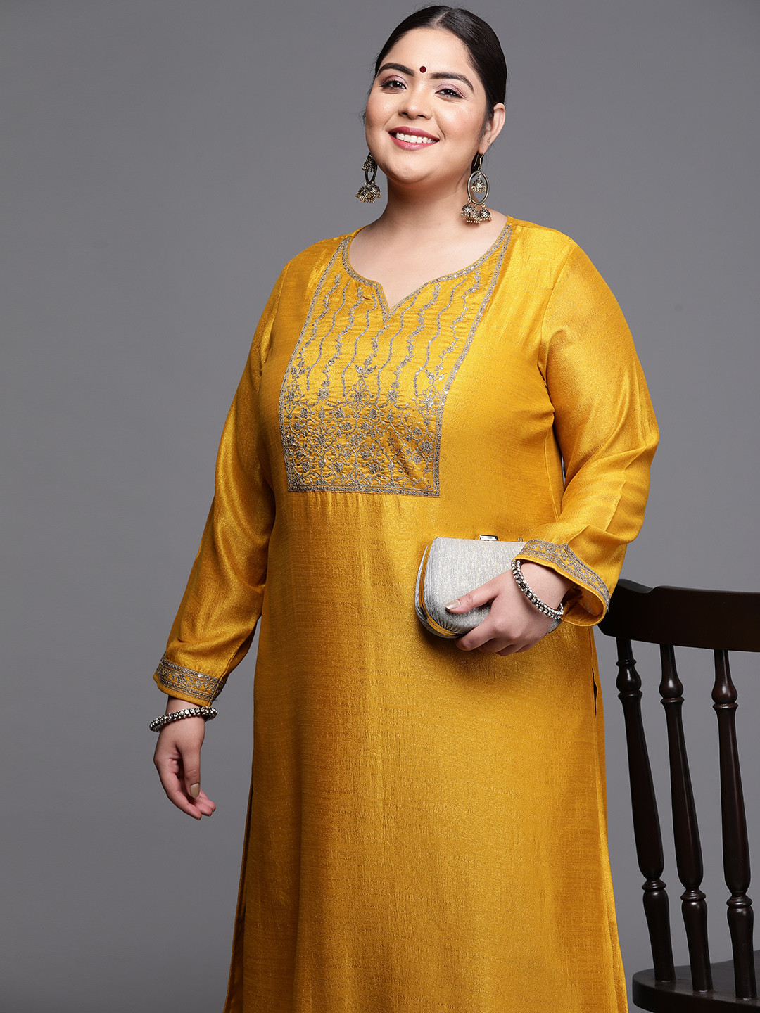 

EXTRA LOVE BY LIBAS Women Plus Size Yellow & Silver Yoke Design Sequin Work Kurta