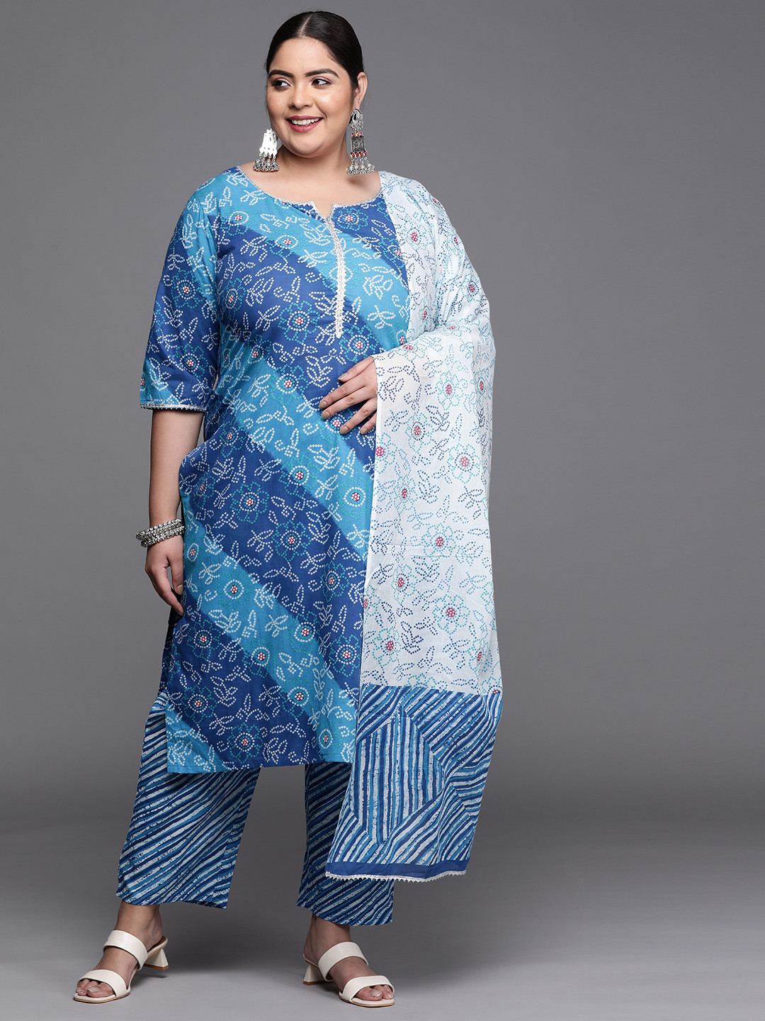 

EXTRA LOVE BY LIBAS Women Blue Bandhani Printed Gotta Patti Pure Cotton Kurta with Trousers & With Dupatta