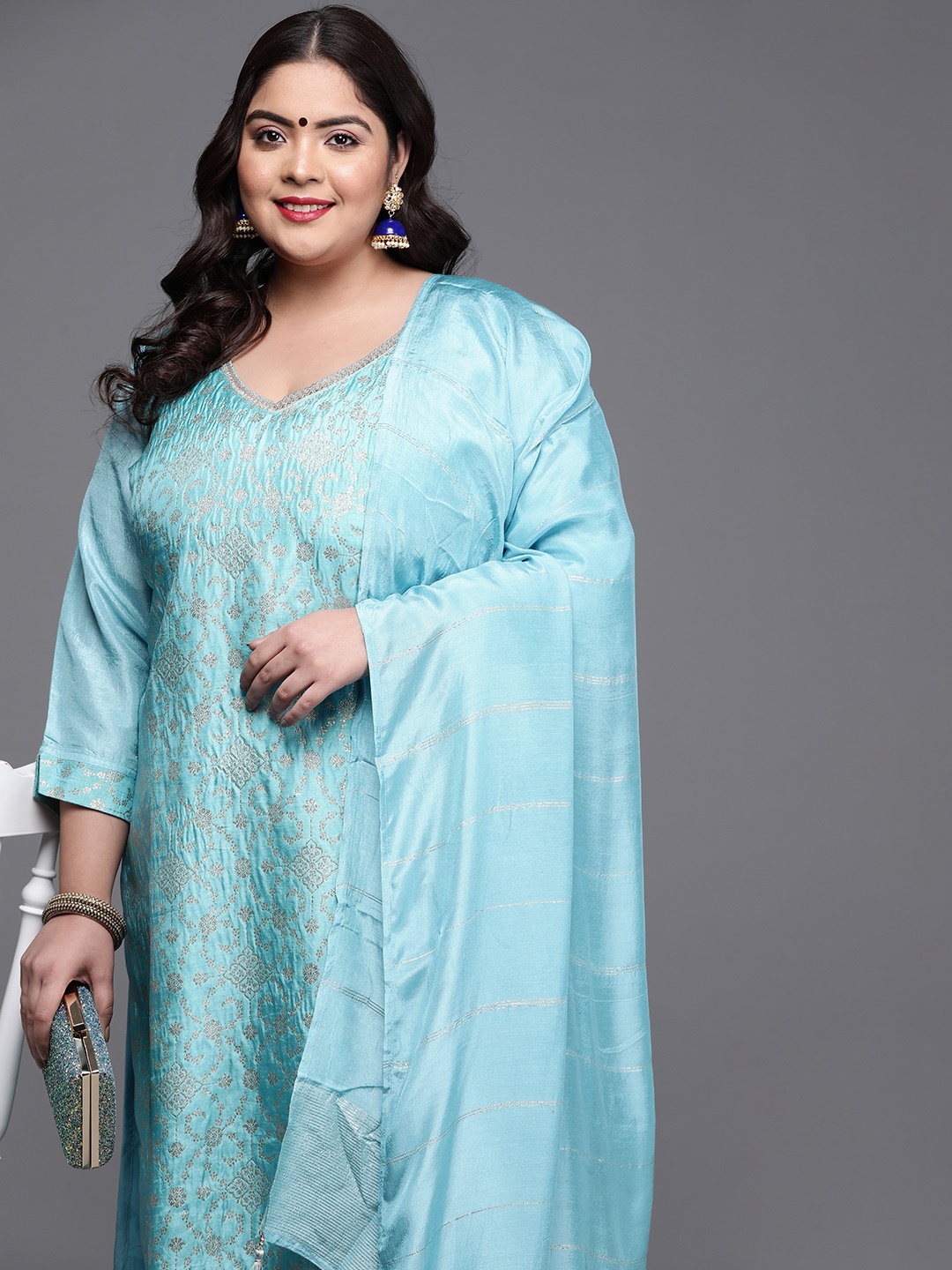 

EXTRA LOVE BY LIBAS Women Plus Size Blue Ethnic Motifs Kurta with Palazzos & With Dupatta