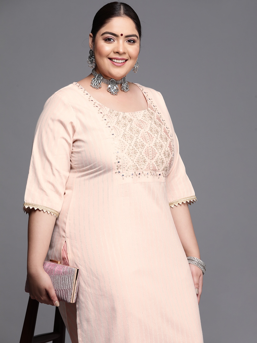 

EXTRA LOVE BY LIBAS Plus Size Women Yoke Design Mirror Work Plus Size Kurta, Peach