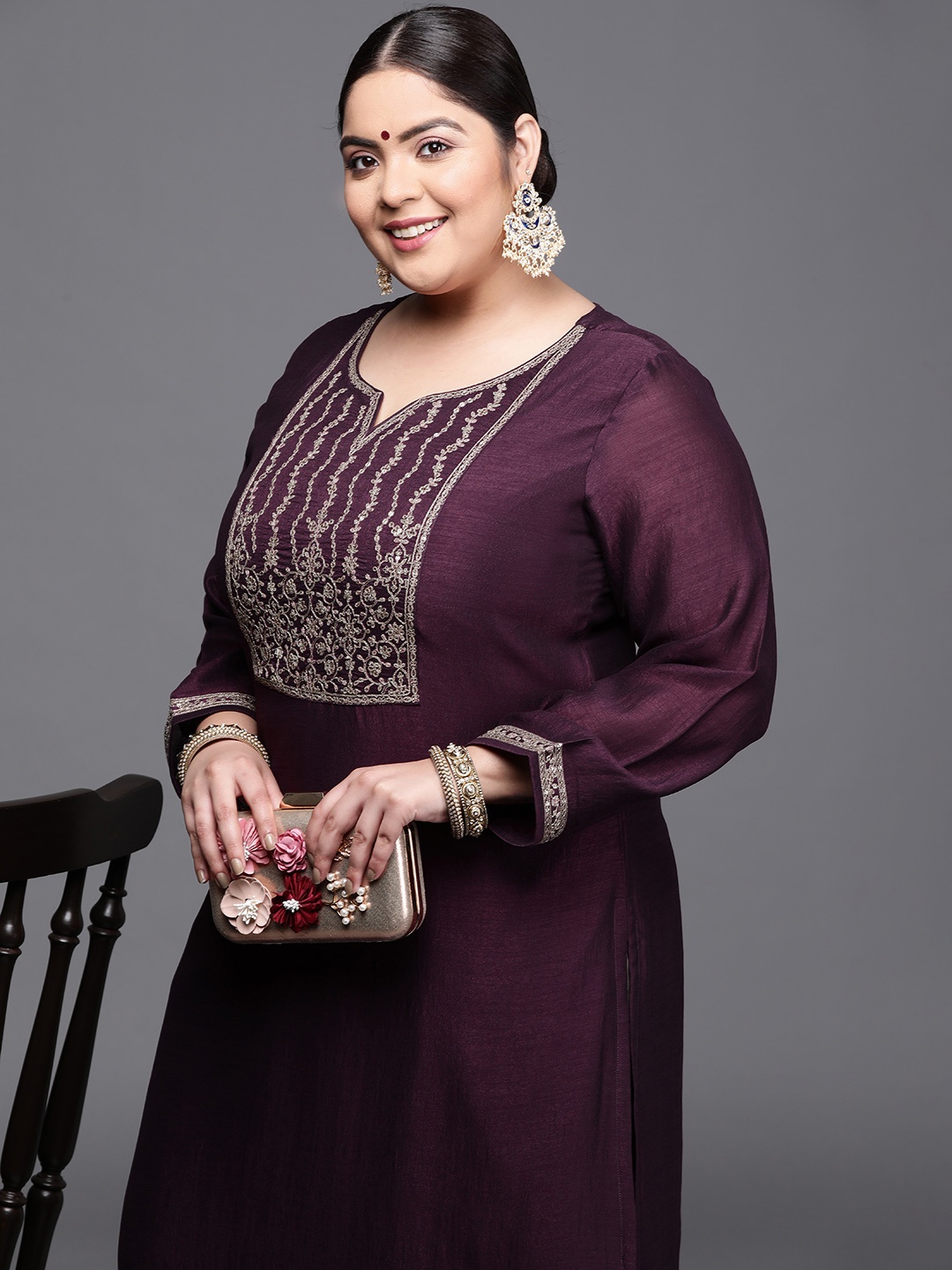 

EXTRA LOVE BY LIBAS Women Plus Size Purple & Silver Ethnic Motifs Yoke Design Kurta