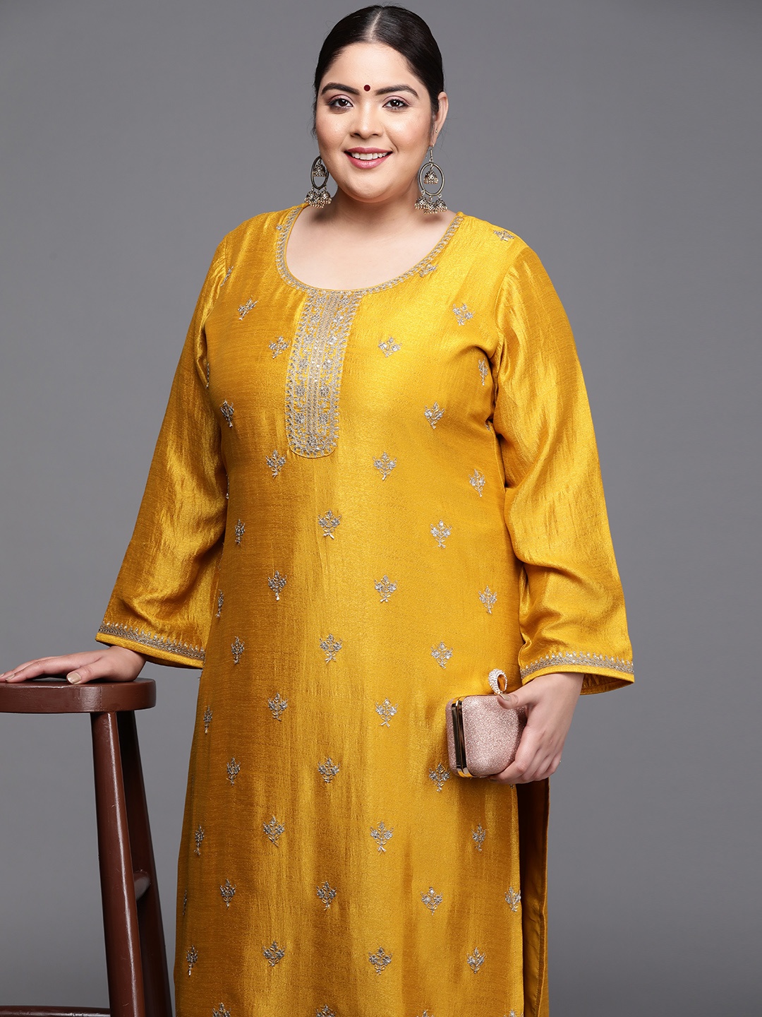 

EXTRA LOVE BY LIBAS Women Plus Size Yellow & Silver Yoke Design Sequins Work Kurta