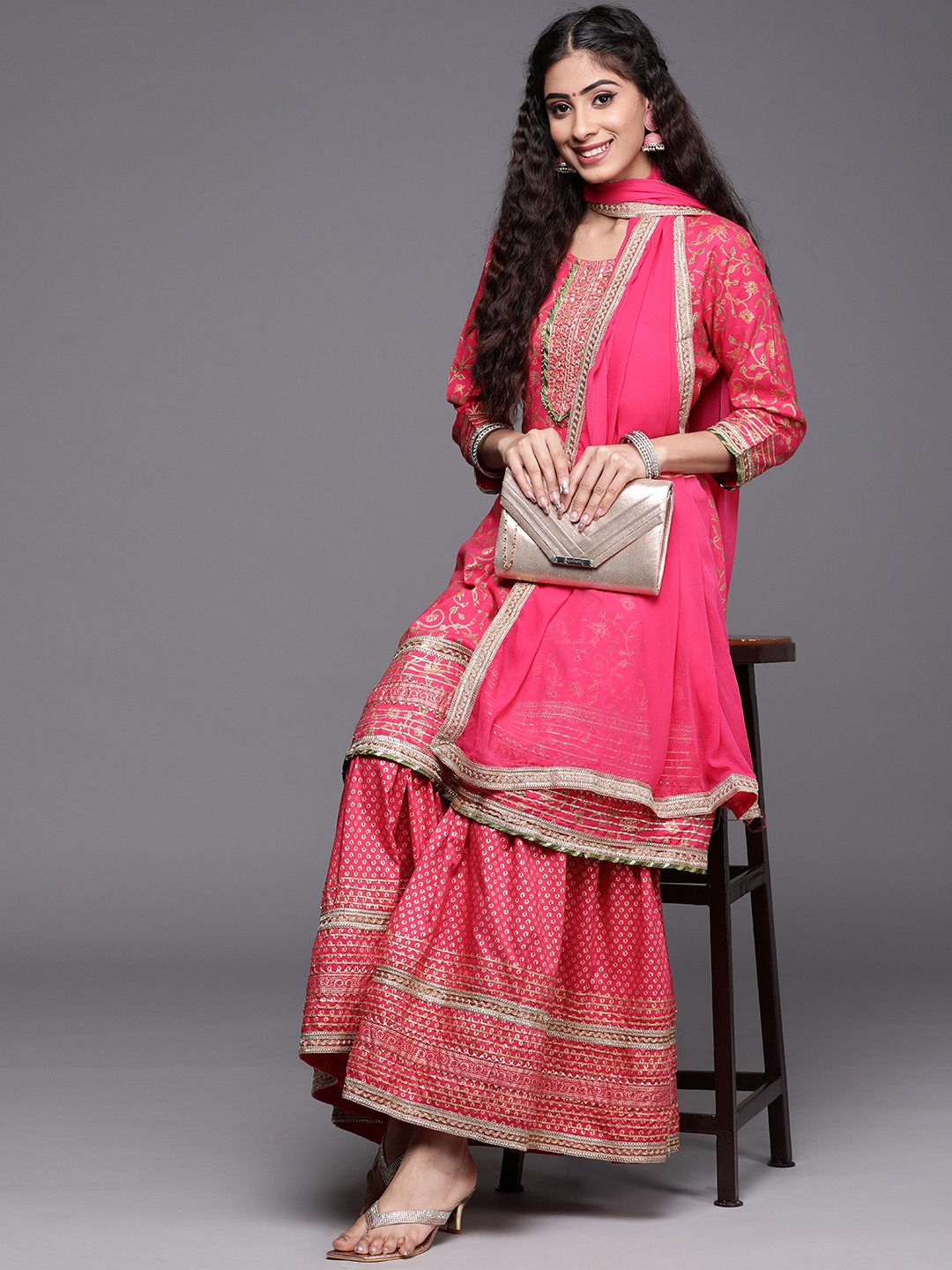 

KSUT Women Pink Ethnic Motifs Printed Empire Beads and Stones Kurta with Sharara & With Dupatta