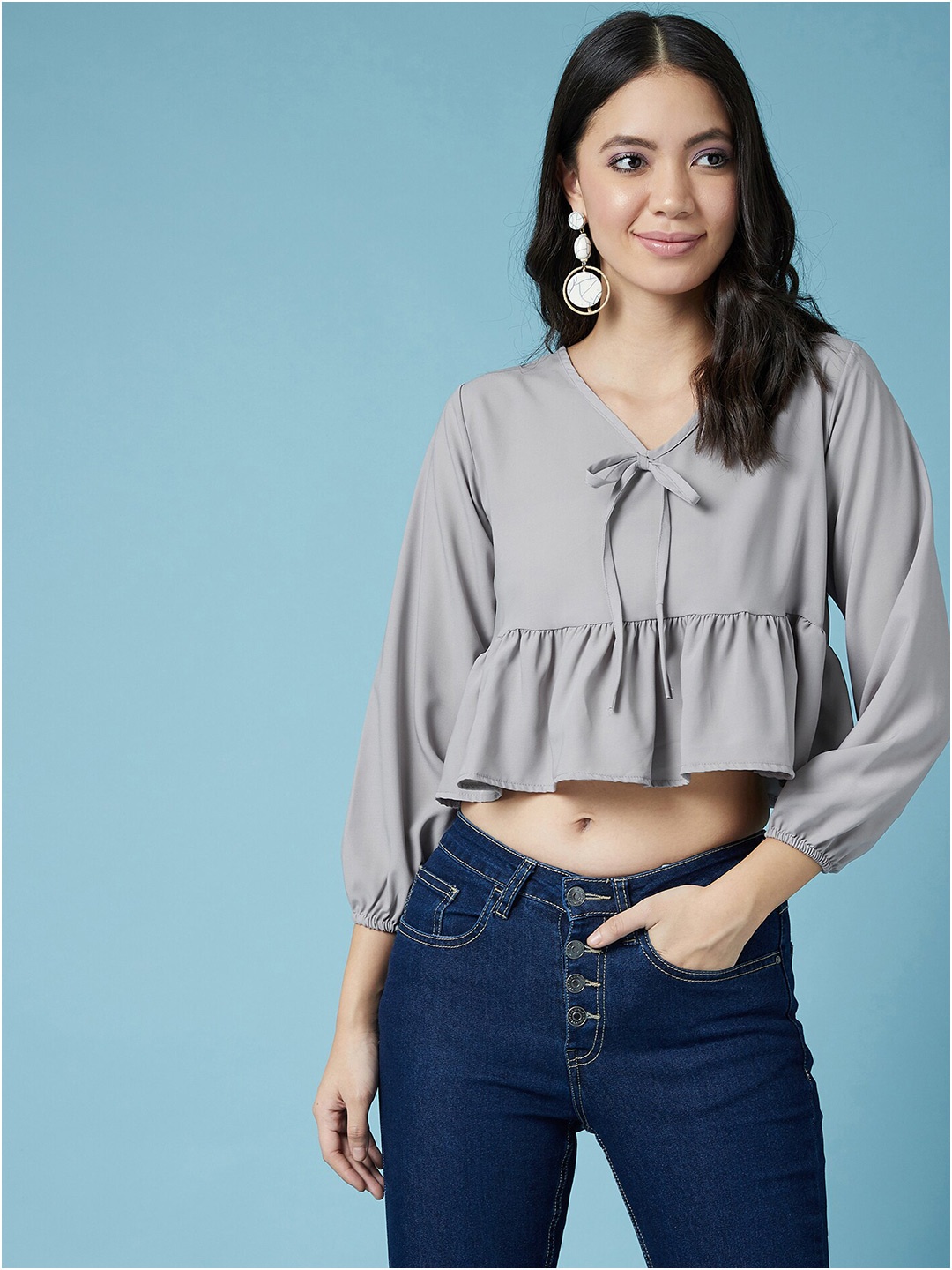 

CHIMPAAANZEE Grey Gathered Peplum Crop Top