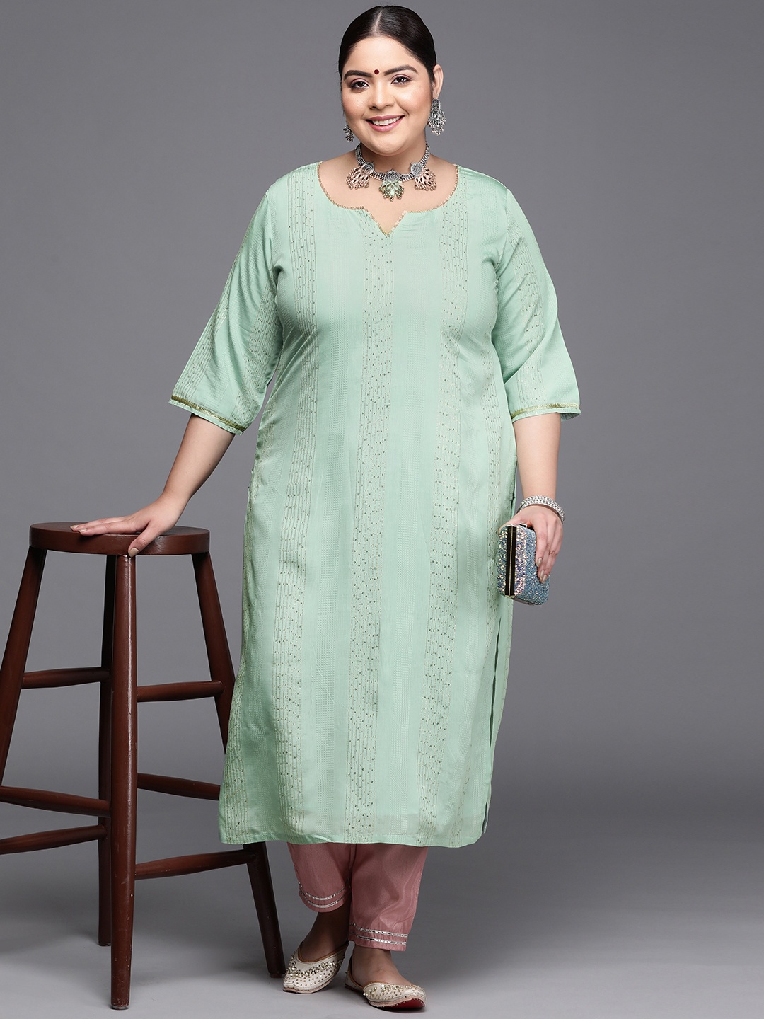

EXTRA LOVE BY LIBAS Women Plus Size Sea Green Woven Design Kurta