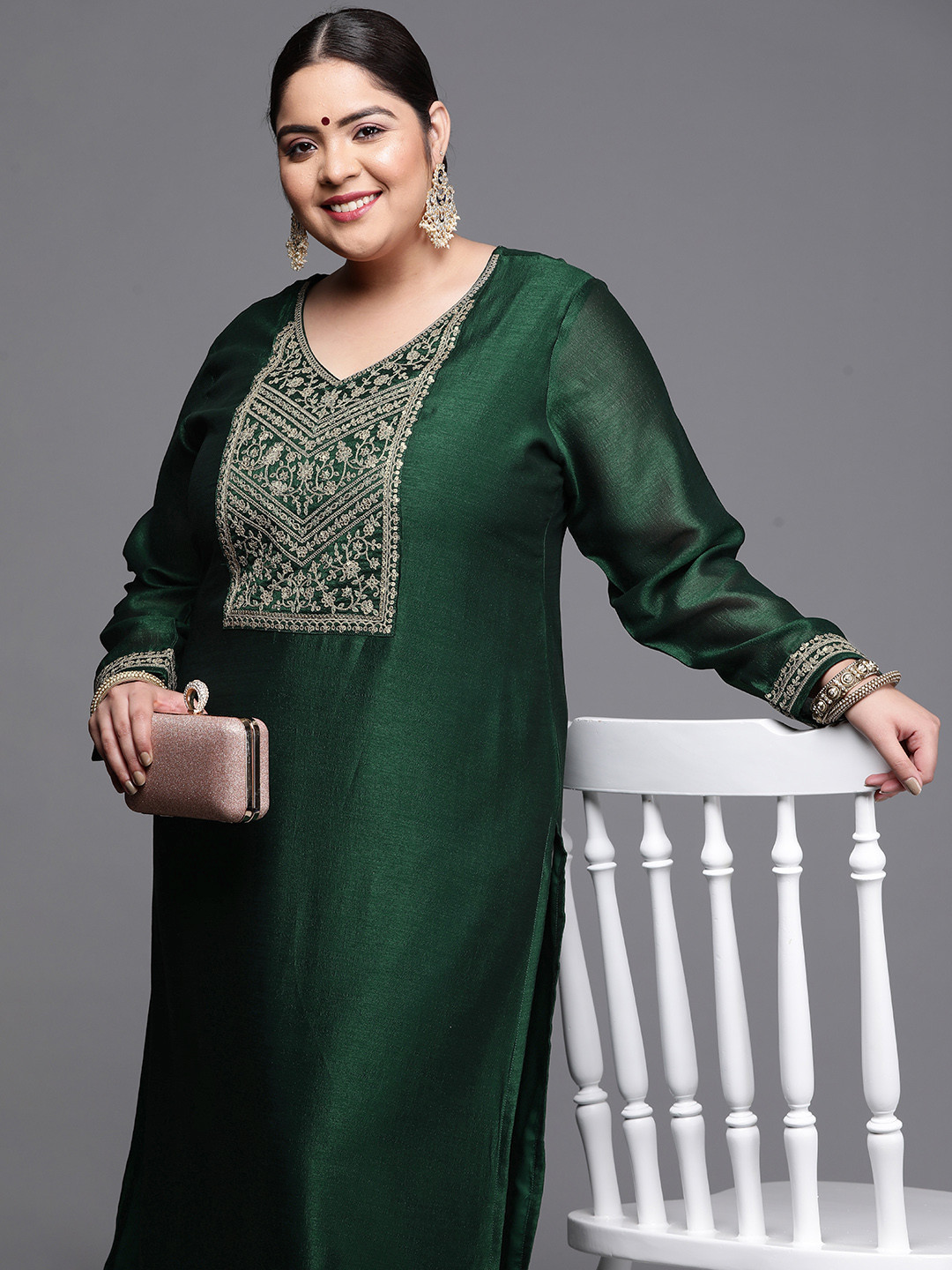 

EXTRA LOVE BY LIBAS Women Plus Size Green & Silver Yoke Design Sequins Work Kurta