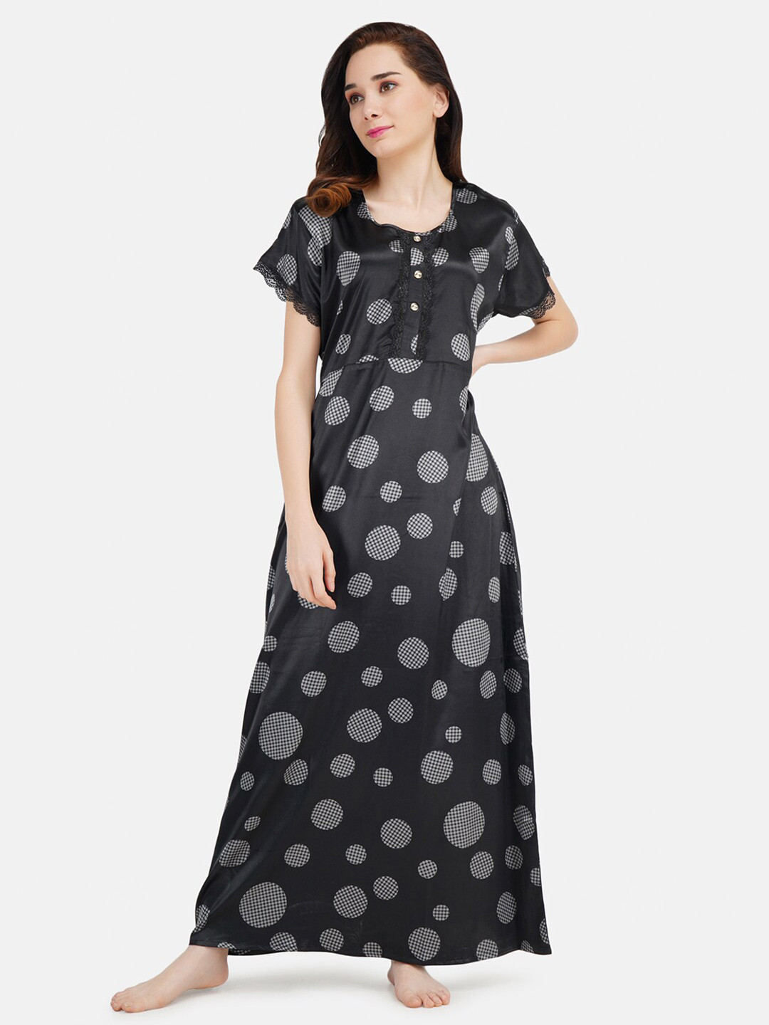 

KOI SLEEPWEAR Black Geometric Printed Satin Maxi Nightdress