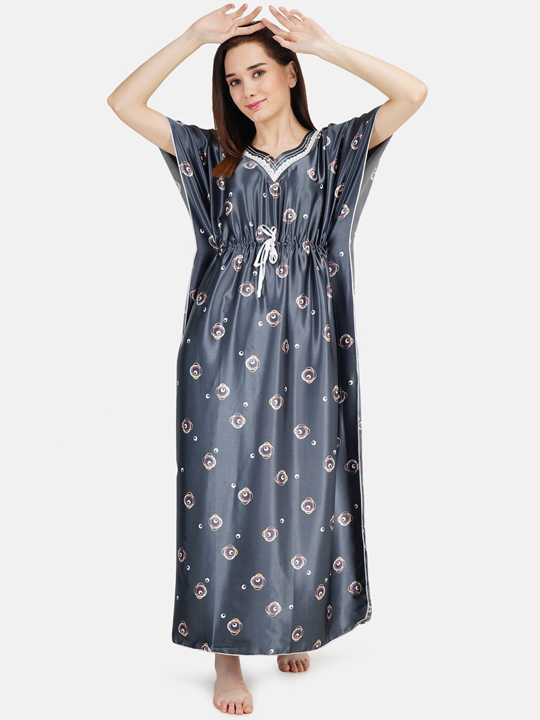 

KOI SLEEPWEAR Grey Printed Satin Kaftan Maxi Nightdress