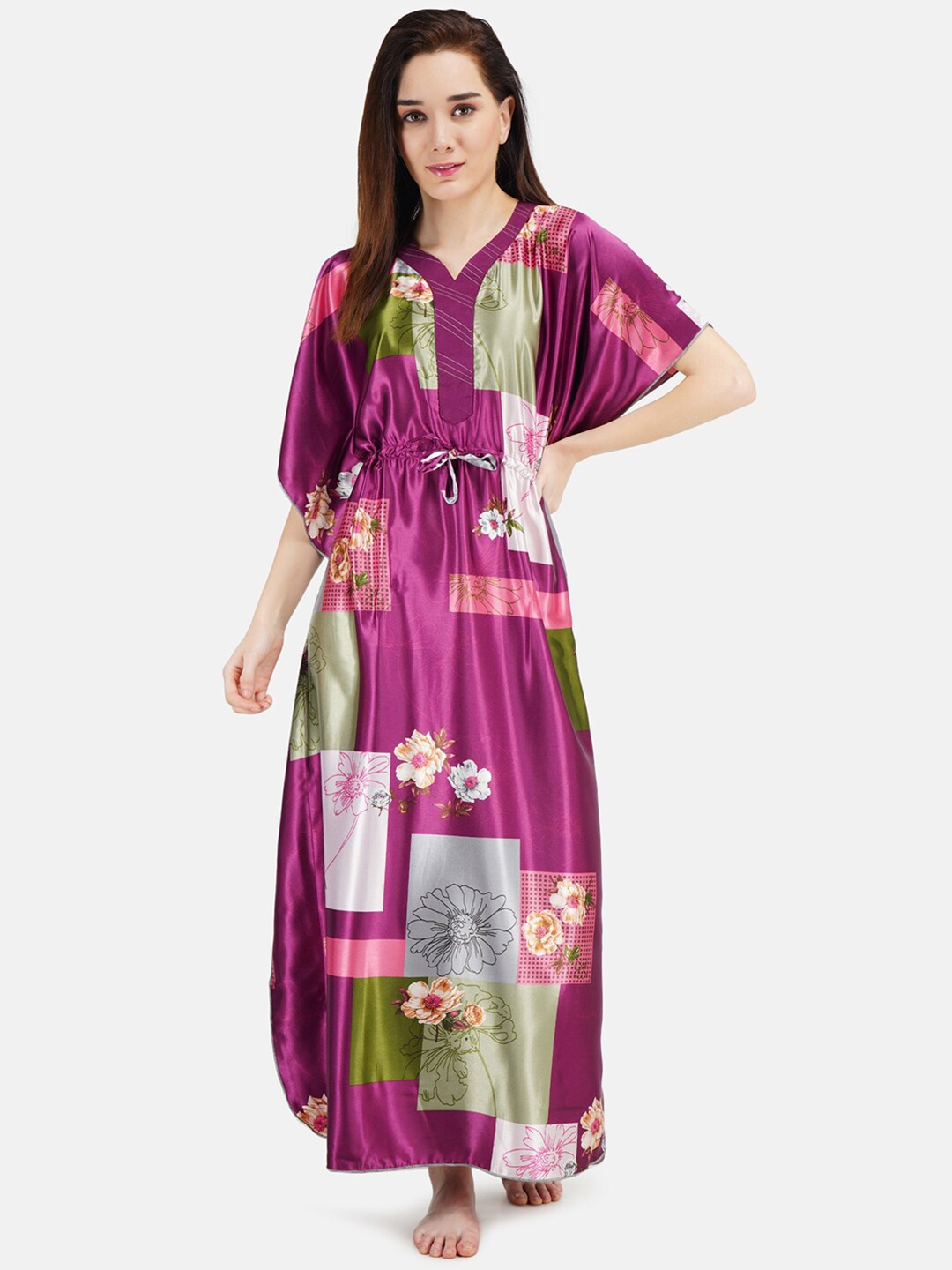 

KOI SLEEPWEAR Purple Printed Satin kaftan Maxi Nightdress