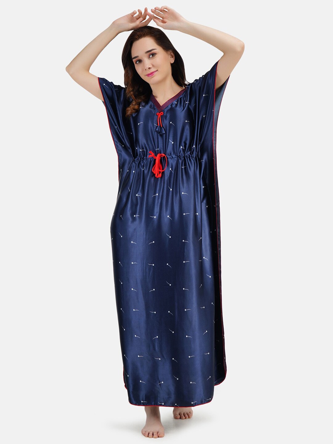 

KOI SLEEPWEAR Navy Blue Floral Printed Satin Kaftan Maxi Nightdress