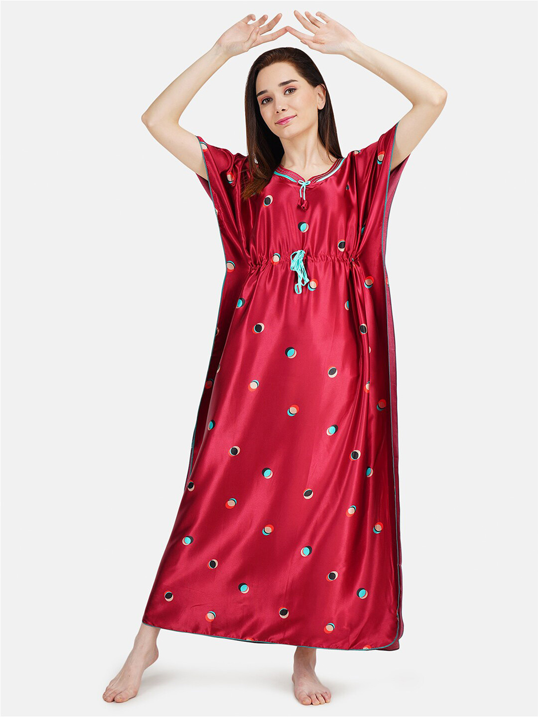 

KOI SLEEPWEAR Maroon Printed Satin Loose Fit Kaftan Maxi Nightdress