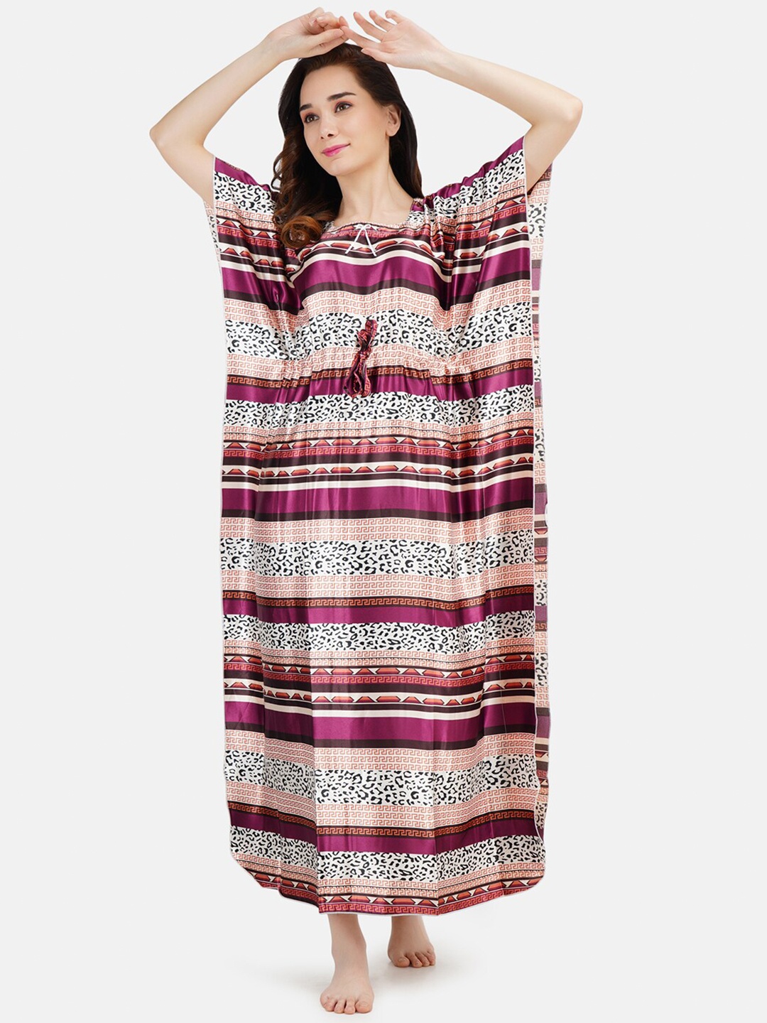 

KOI SLEEPWEAR Women Purple Printed Satin Maxi Kaftan Nightdress